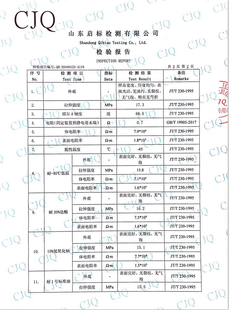 2018年HTY1250型靜電拖地帶檢驗報告